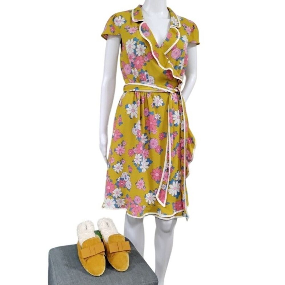 Modcloth Festival Flowers Daytime Dapper Dandelion Floral Print 60s Wrap Dress M - Picture 2 of 10